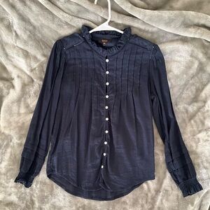 Quince Women's Dark Blue Button Down Shirt Lace Shear